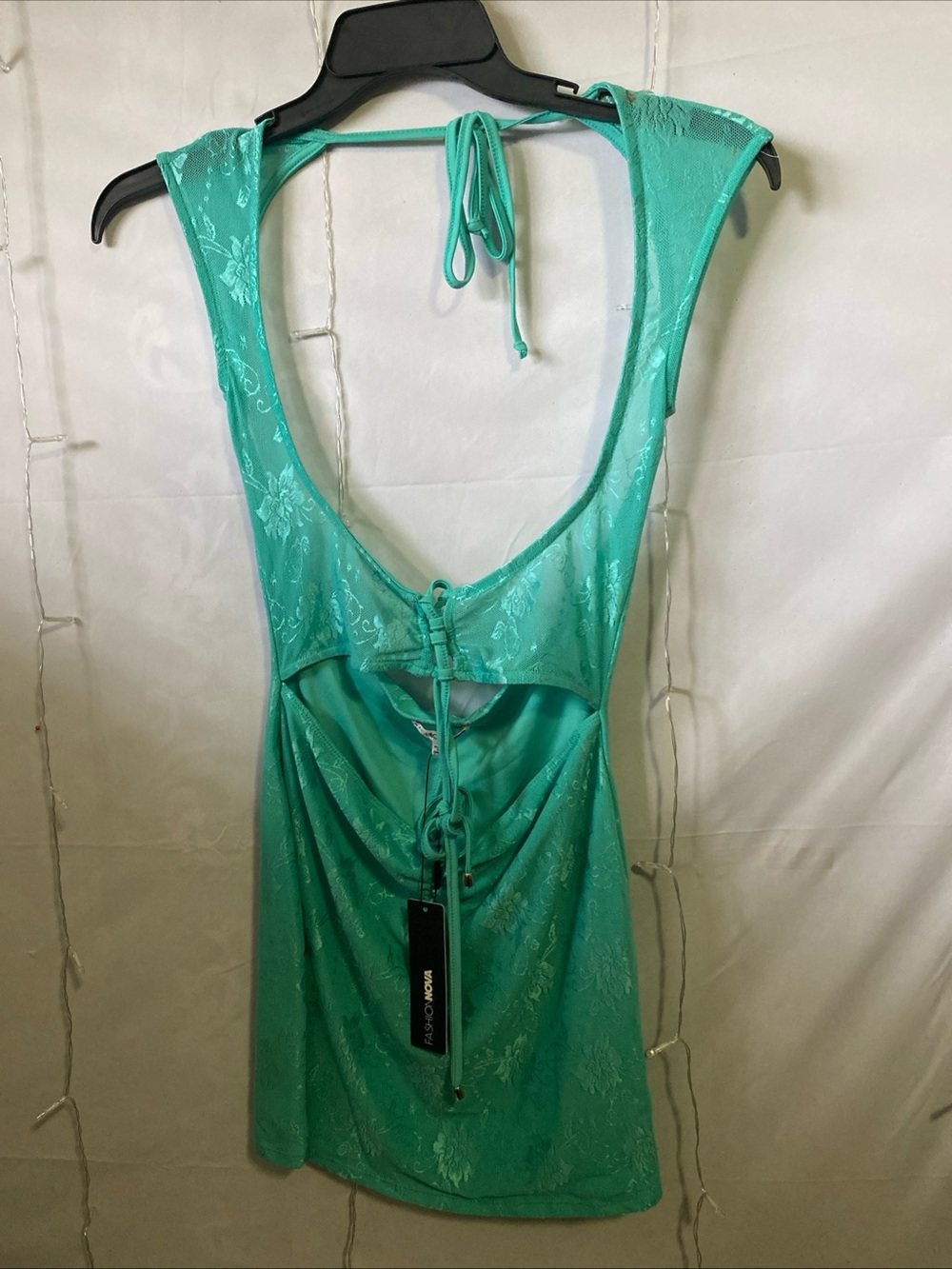 Aqua Green Halter Lace-Detail Mini Dress